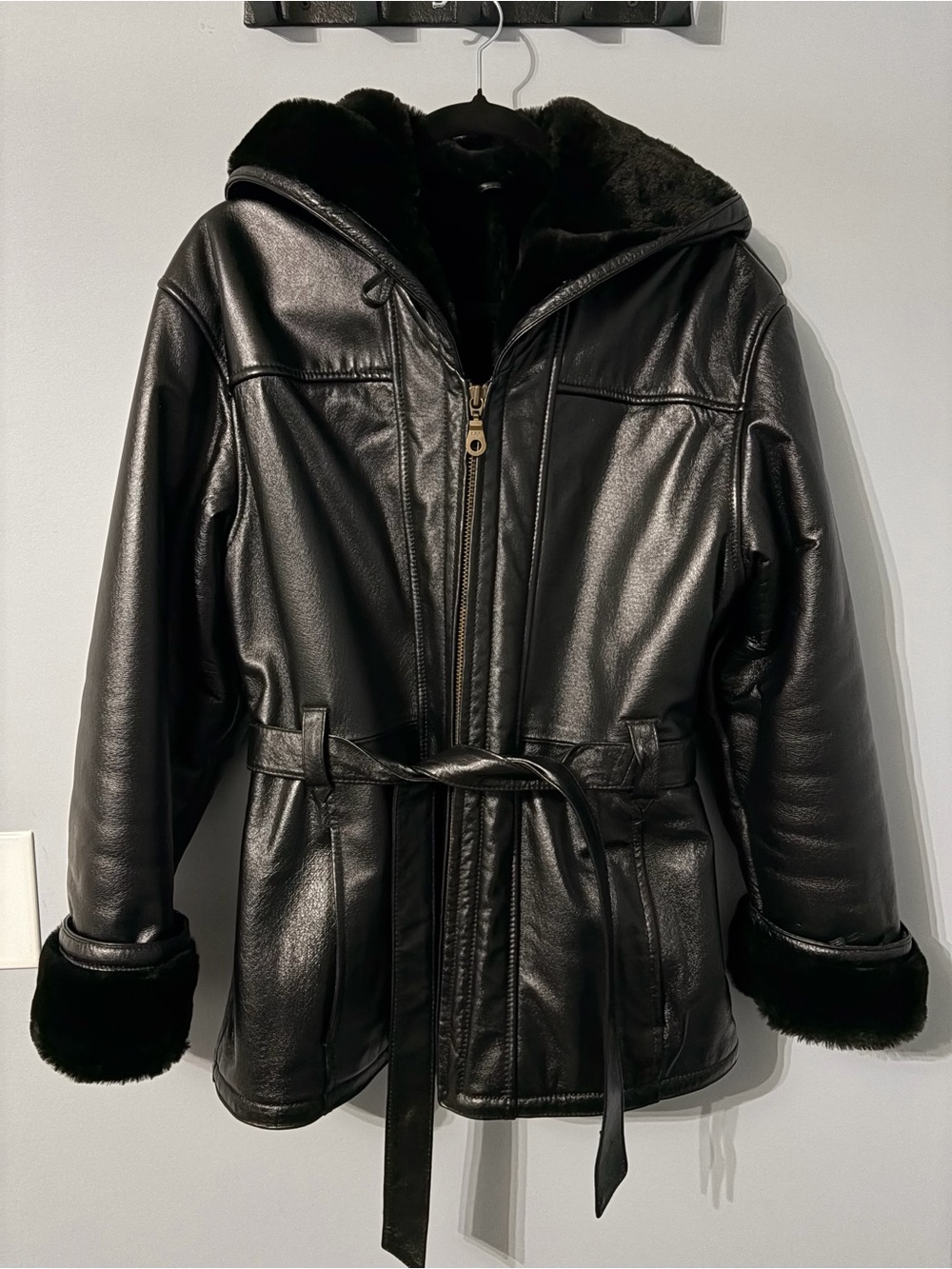 Wilsons Leather Black Hooded Faux Leather Belted Jacket